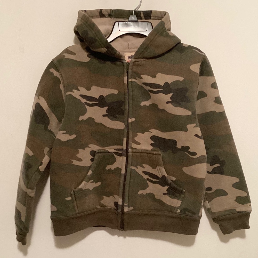 Boys Faded Glory Camouflage Hoodie Jacket Gray Black Camo Fleece Lining M
